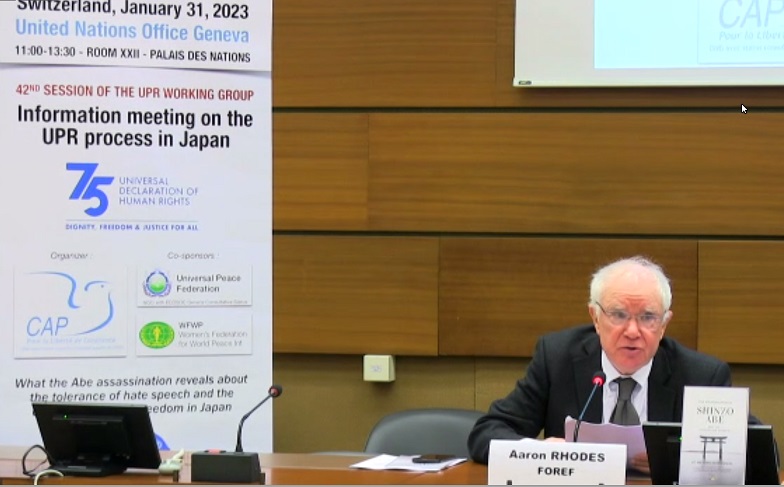 Aaron Rhodes at UN Office in Geneva 31st January 2023.